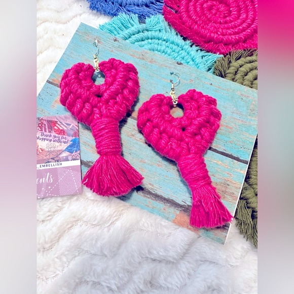 Ladies Sweet Custom HandMade: Hot Pink Woven Heart Shaped Dangle Earrings 925s - Picture 2 of 16